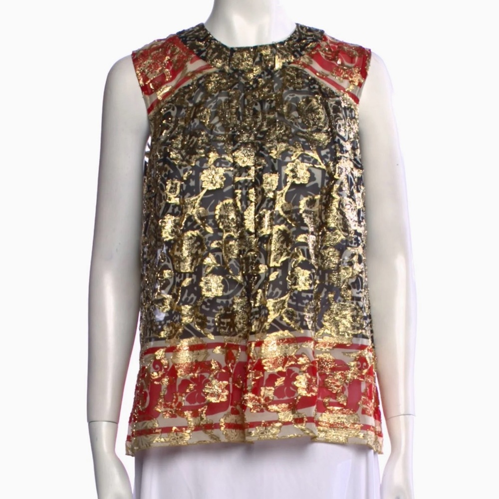 Anna Sui Black, Gold and Red Metallic Brocade Sleeveless Top